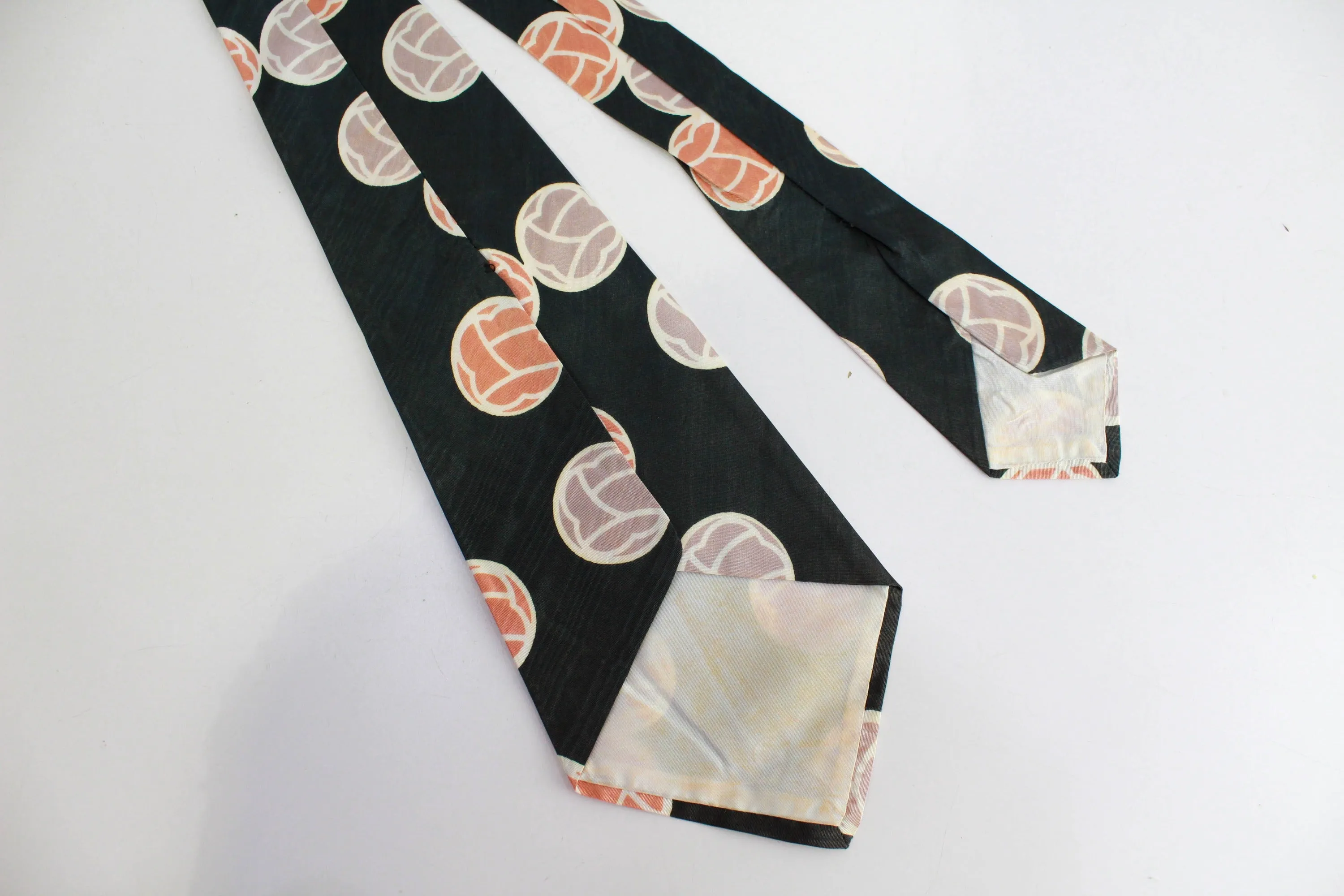 1940s Bold Look Necktie, Green with Orange Abstract Dot Print