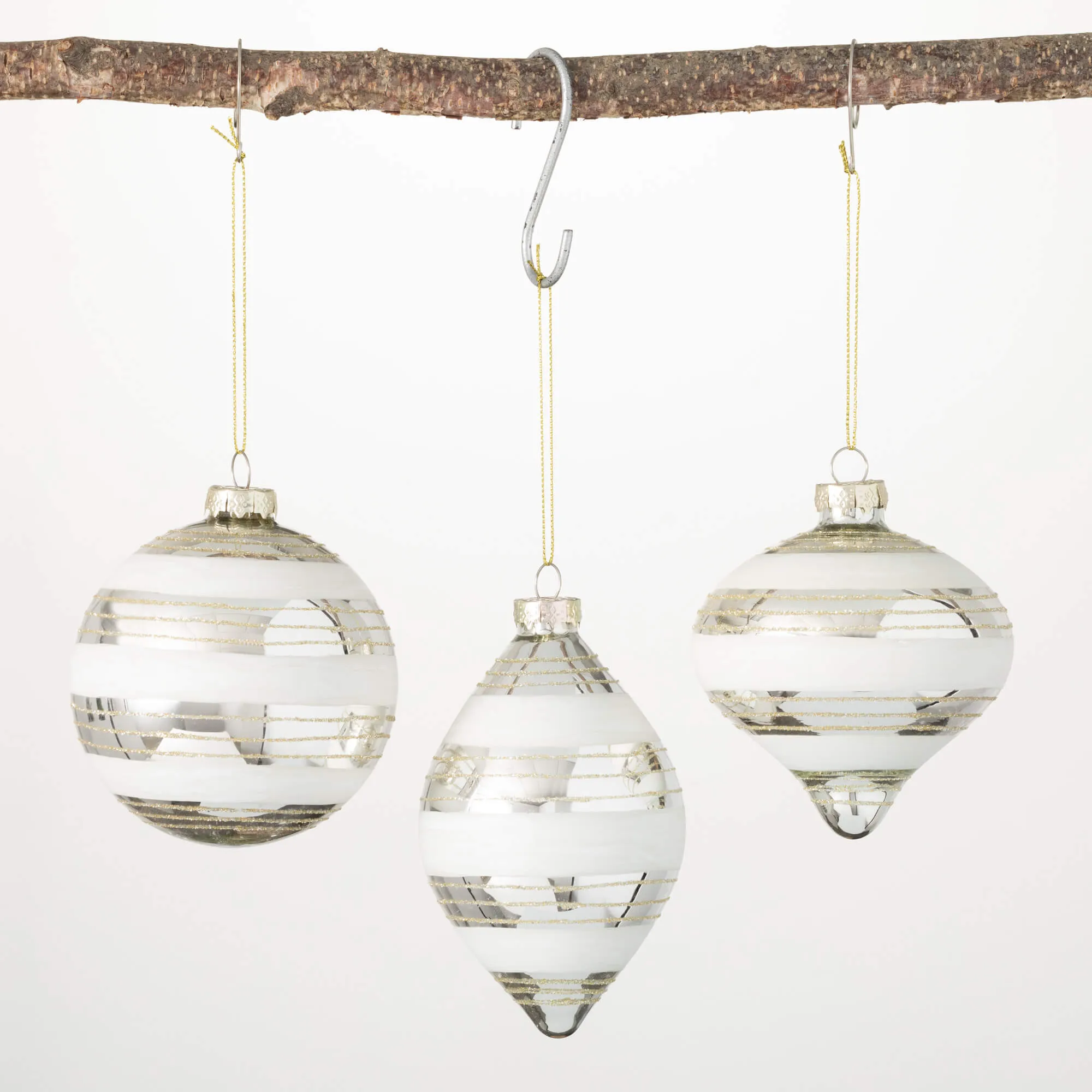 4"H, 4.75"H and 5.25"H Sullivans White Striped Drop Ornaments - Set of 3, White Christmas Ornaments