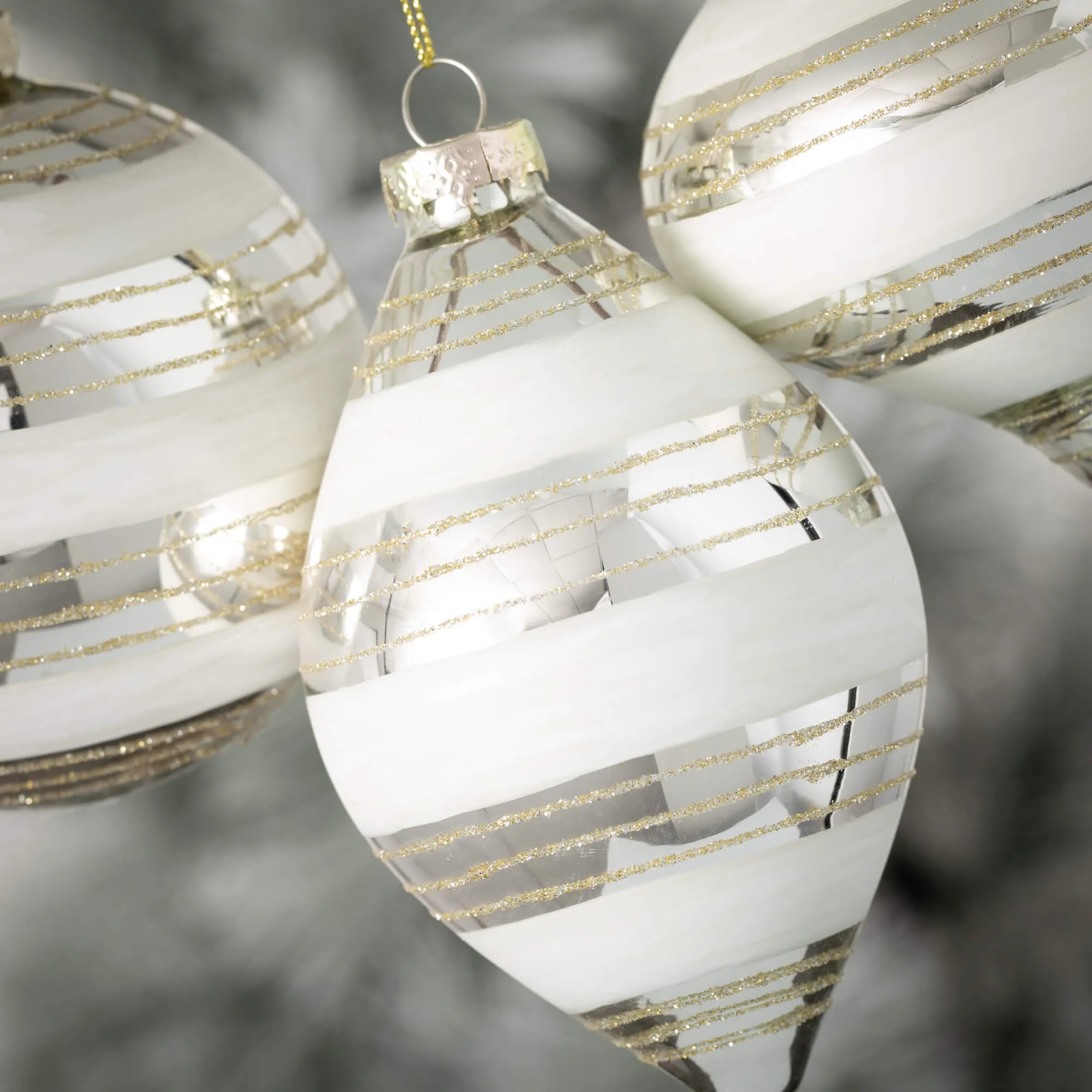 4"H, 4.75"H and 5.25"H Sullivans White Striped Drop Ornaments - Set of 3, White Christmas Ornaments