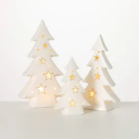 6.25"H, 8.5"H and 10"H Sullivans Lighted Porcelain Fir Tree - Set of 3, White