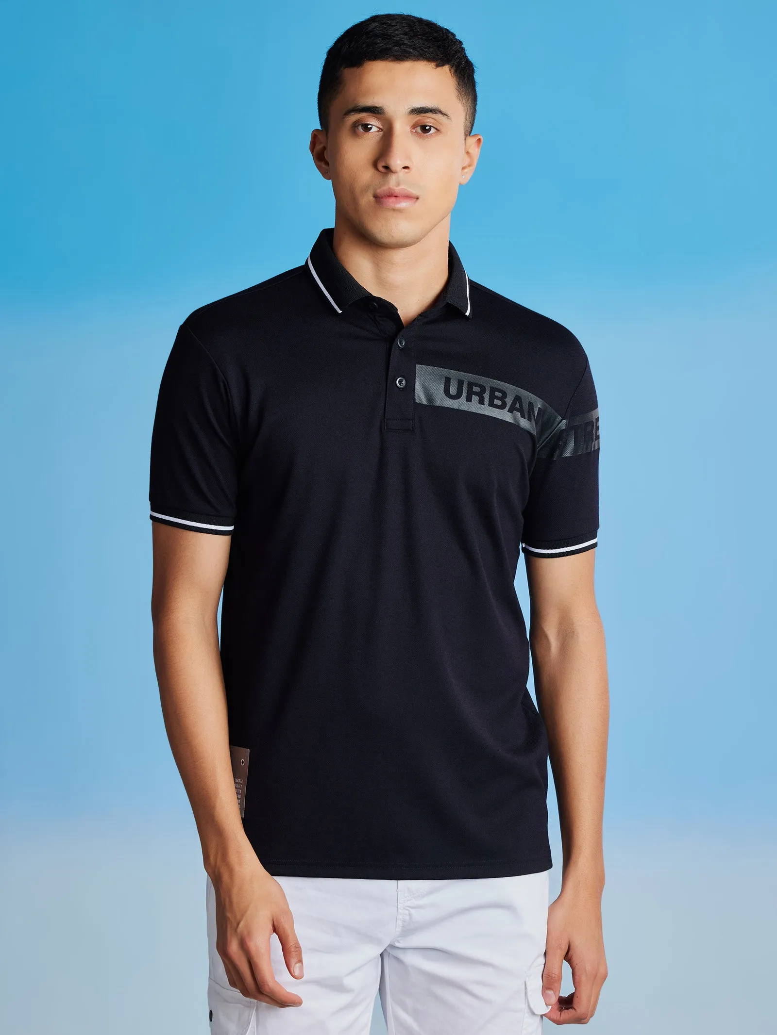 Black Printed Stretch Polo Urban T-Shirt