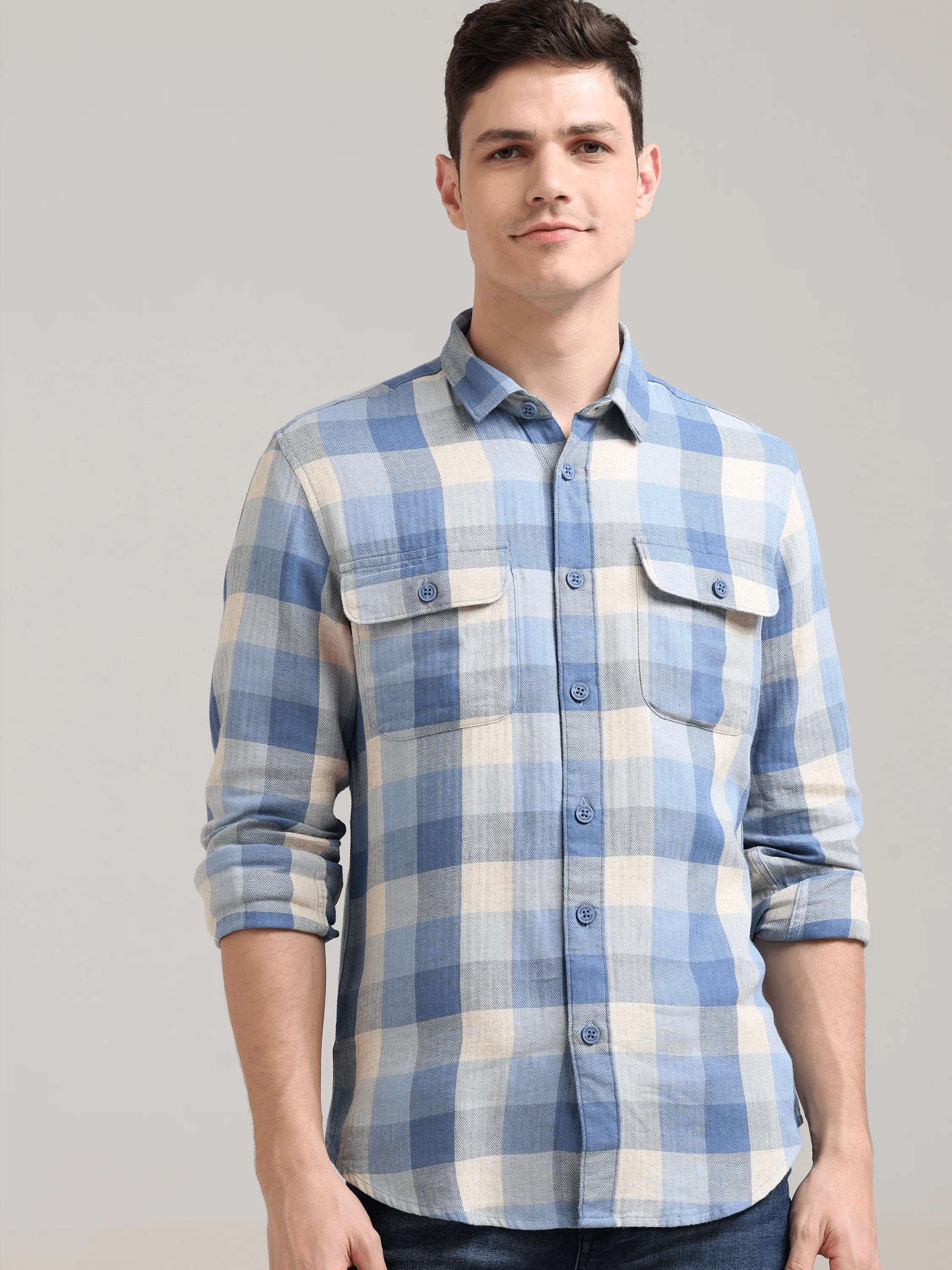 Blue Nova Cream Casual Check Shirt