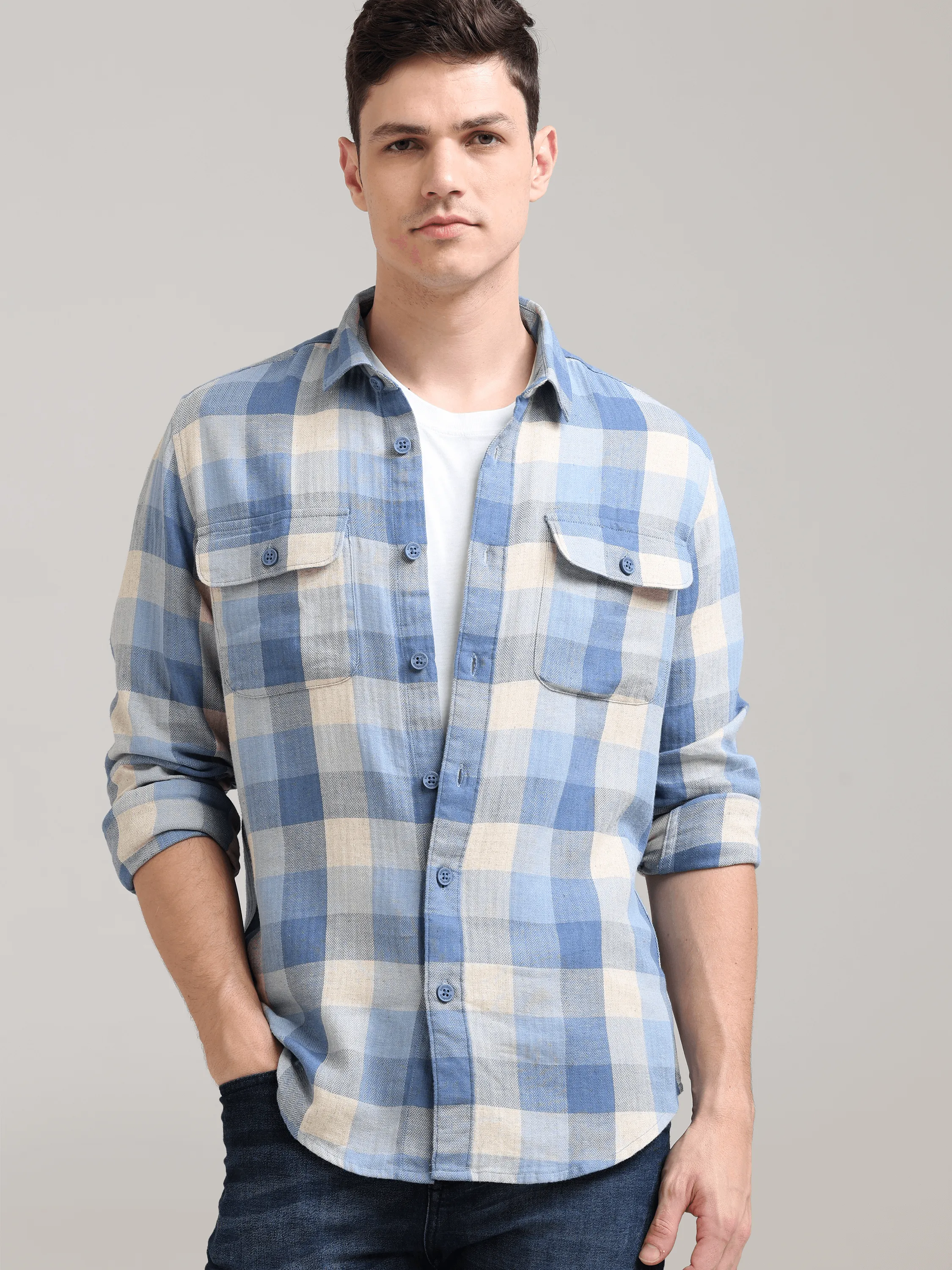 Blue Nova Cream Casual Check Shirt