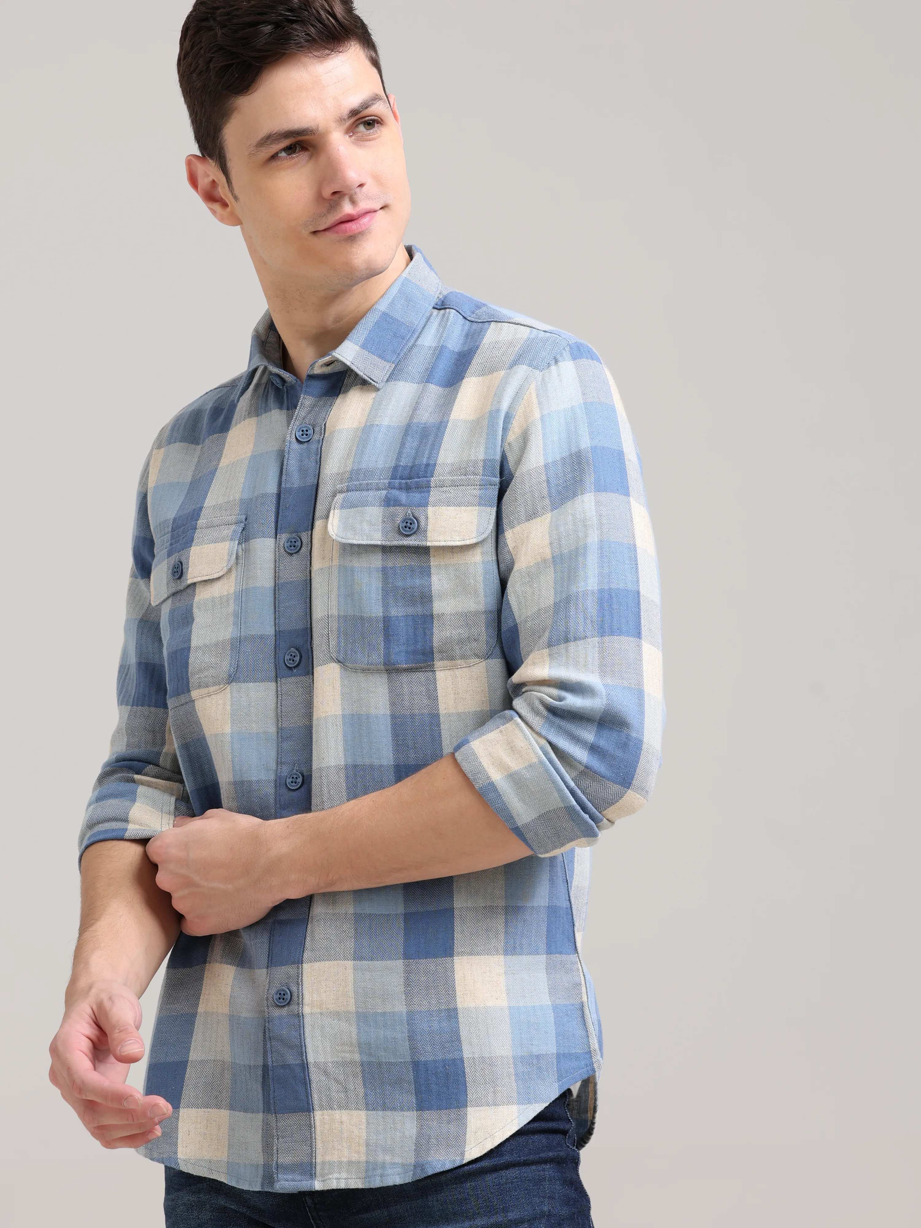 Blue Nova Cream Casual Check Shirt