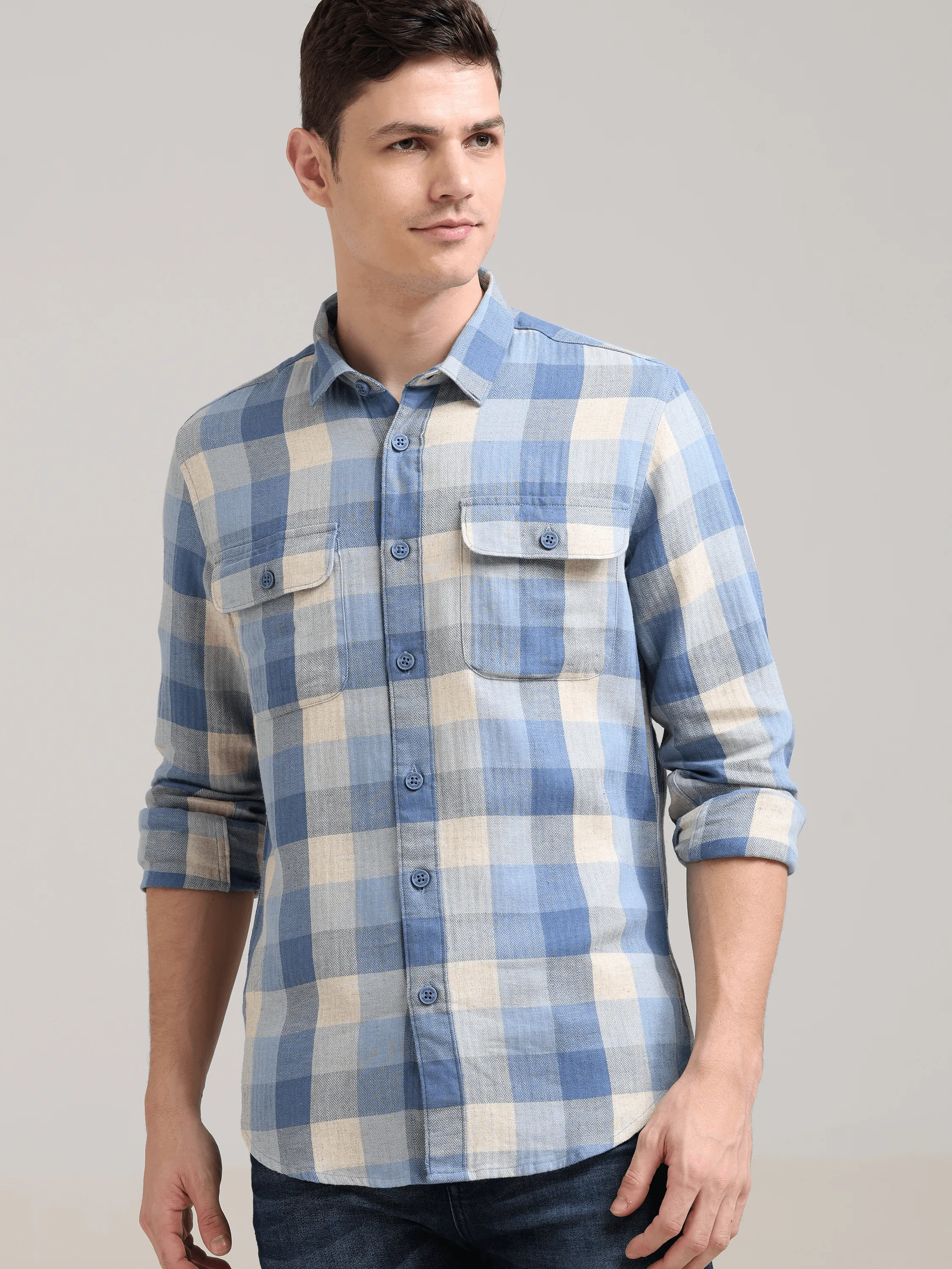 Blue Nova Cream Casual Check Shirt