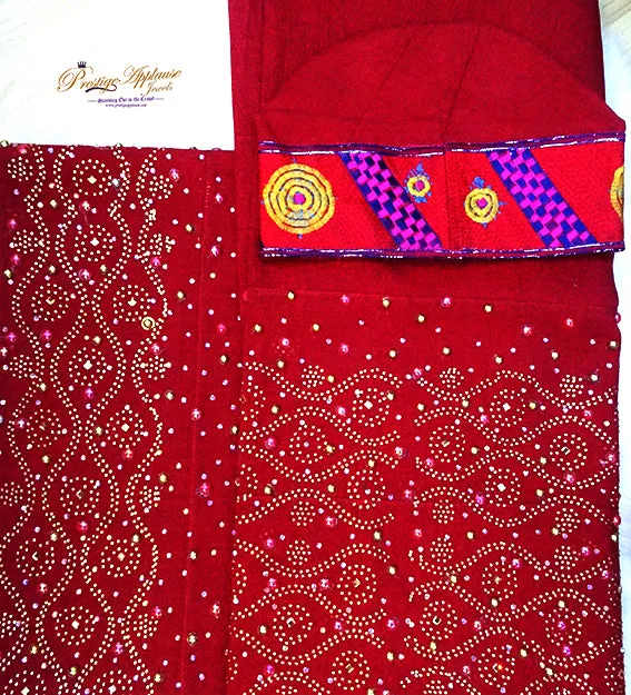 Celebrant Maroon Dark Red Embelished with Stones New Design Aso Oke African Nigerian Gele Ipele Men Fila Cap Veil Bridal Set