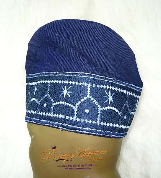 Celebrant Navy Blue Mixed Aso Oke African Nigerian Gele Ipele Men Fila Cap Veil Bridal Instock UK Delivery