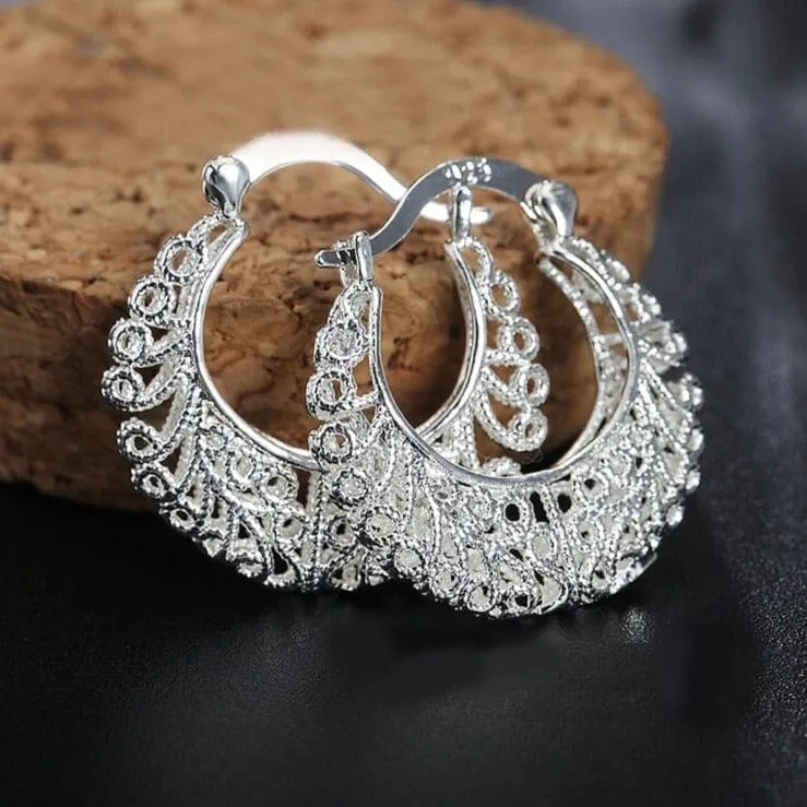 Classic Vintage Pattern Hoop Earrings - 925 Sterling Silver