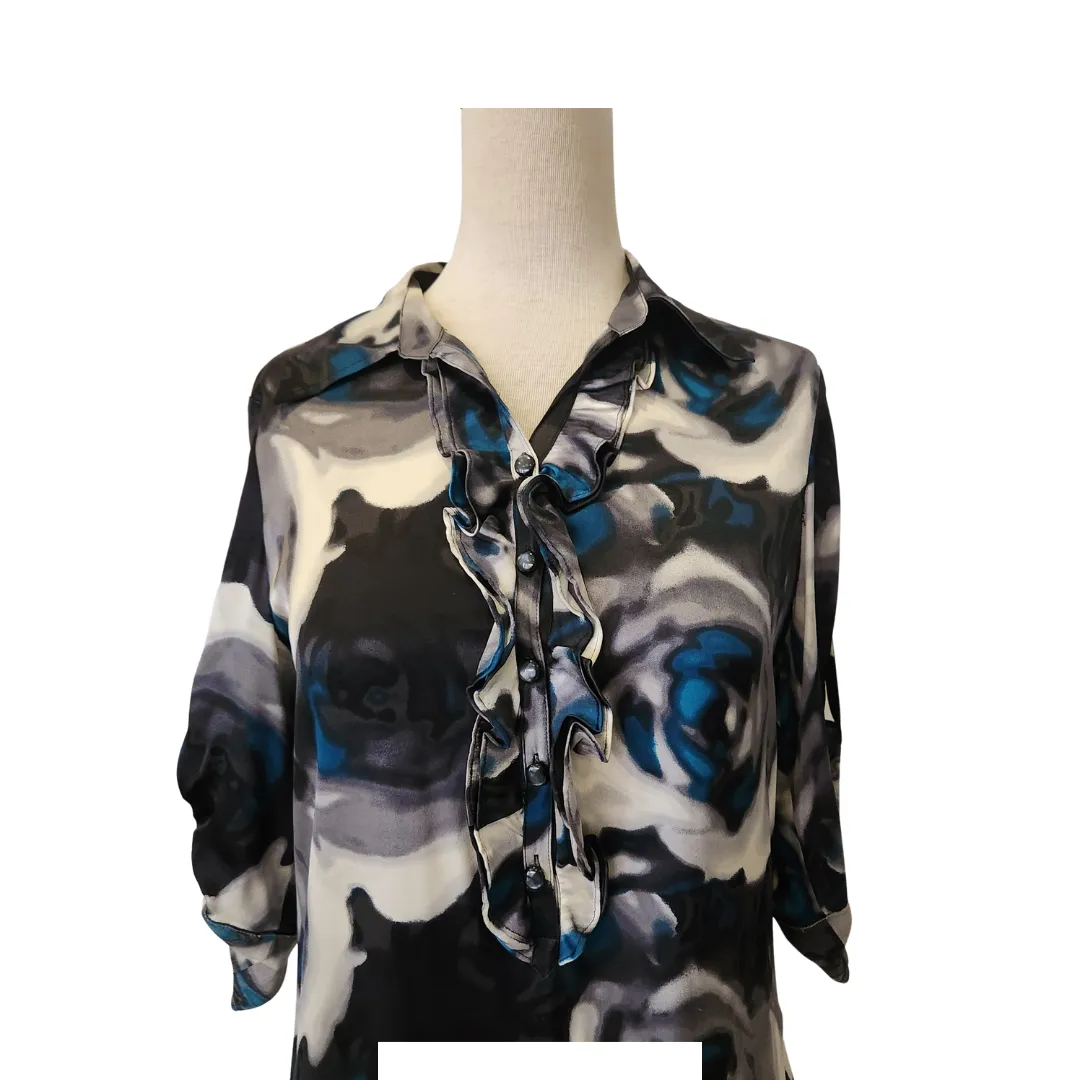 Express Design Studio Blue and Black Printed Silk Top | Pre Loved |