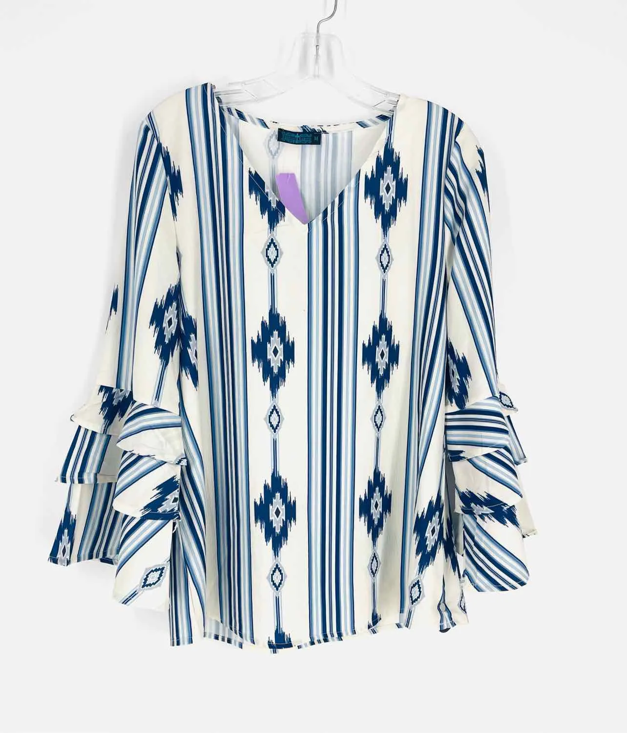 Fashion Express Size M White/Blue Southwestern Tops Top-Long Sleeve