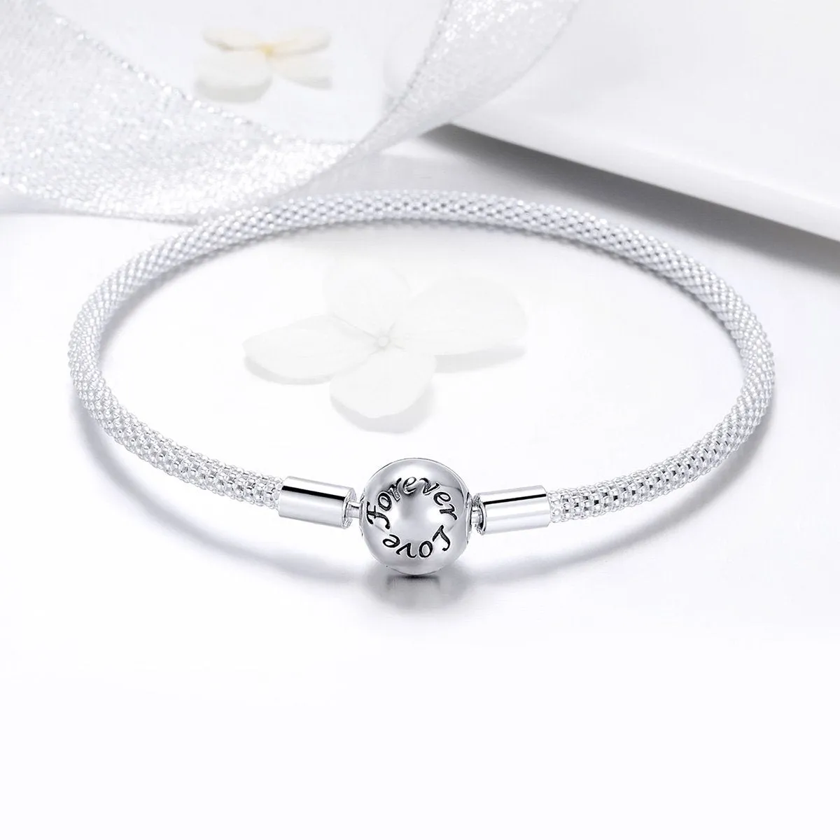 Forever Love Engraved Sterling Silver Mesh Bracelet