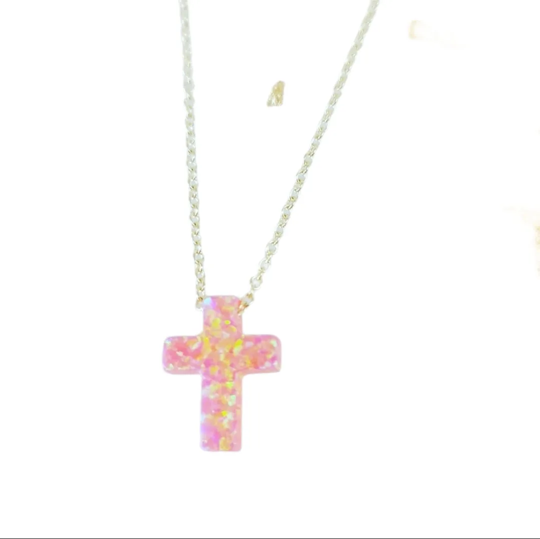 Pink Cross Opal look cross necklace Gold