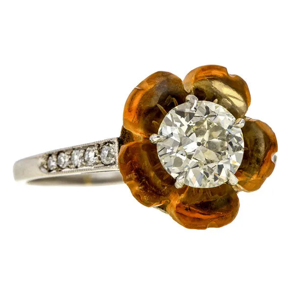 Vintage Diamond & Citrine Flower Ring, Old Euro. 0.93ct.