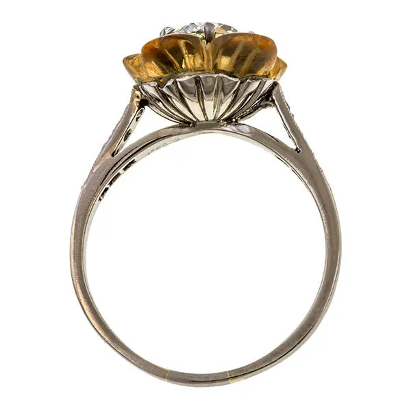 Vintage Diamond & Citrine Flower Ring, Old Euro. 0.93ct.