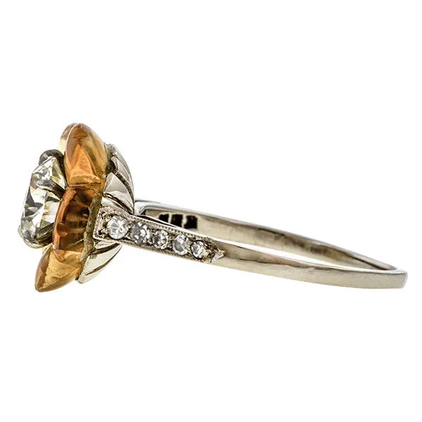 Vintage Diamond & Citrine Flower Ring, Old Euro. 0.93ct.